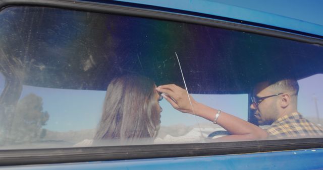 Couple in vintage car road trip romance behind glass window - Download Free Stock Images Pikwizard.com