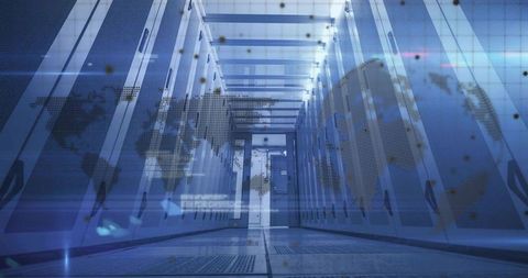 Futuristic Data Center Corridor with Digital Map Projection