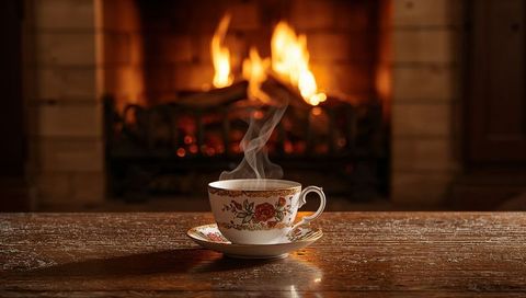 Ornate floral porcelain teacup steaming on rustic wooden table beside glowing fireplace