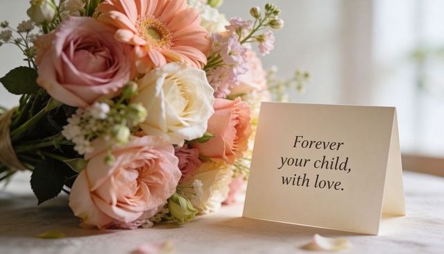 Bridal bouquet with pastel roses, gerbera and delicate greenery with folded love card