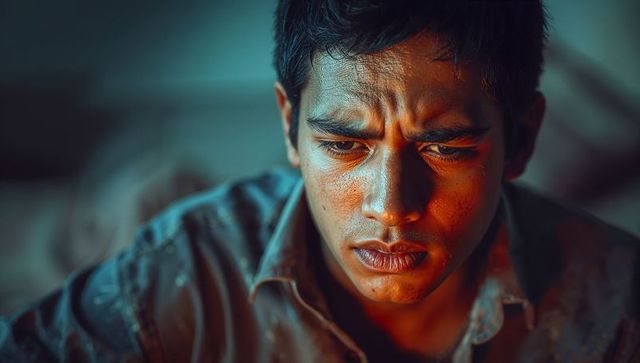 Reflective Young Man Pondering in Mood Lighting