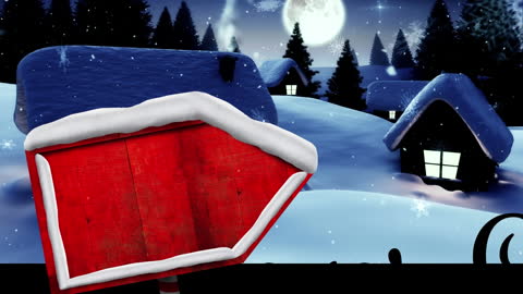 Sleepy Winter Village with Red Signpost in Snowy Forest