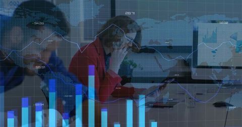 Businesswoman Reviewing Analytics with Digital Financial Charts Overlay