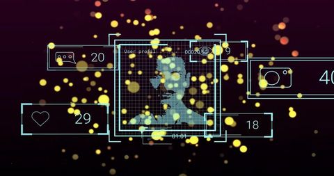 Futuristic Holographic Avatar in Neon HUD Grid with Data Counters and Floating Particles