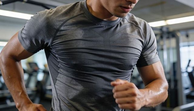 Running man sweating on treadmill wearing fitted gray performance shirt intense gym cardio