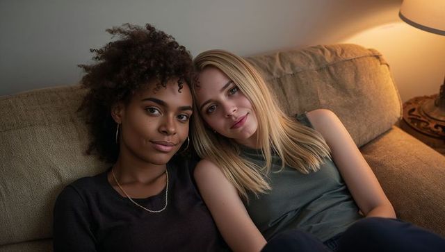 Two women relaxing on beige couch in warm lamp light, leaning together in cozy friendship