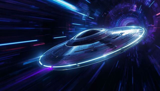 Futuristic spacecraft gliding through high-speed warp tunnel