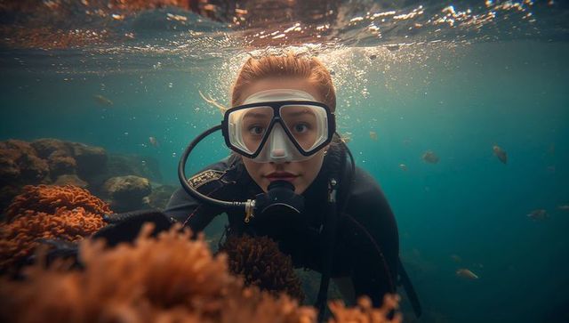 Female Diver Exploring Vibrant Coral Reef Underwater