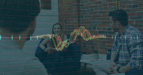 Smiling woman and team collaborating with stock market candlestick chart overlay in brick office