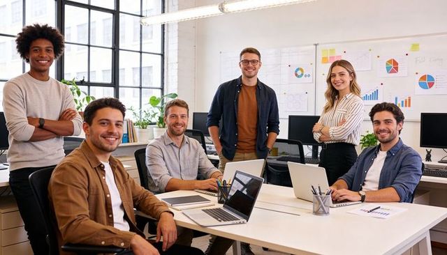 Young diverse team collaborating around laptops in bright open-plan office with charts