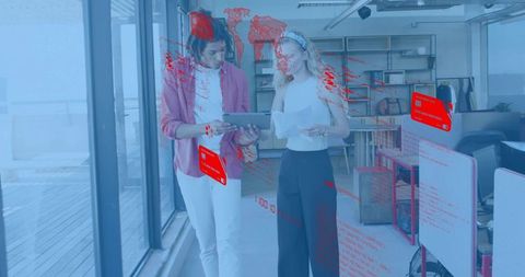 Two Professionals Walking and Reviewing Tablet with Augmented Reality Finance Overlay