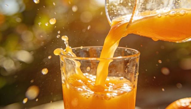 Pouring orange juice splashing into glass with golden-hour bokeh and citrus peel