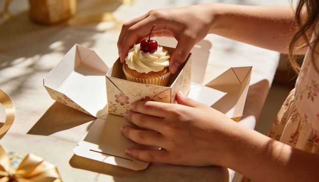 Child placing frosted cupcake with cherry into floral gift box on sunlit table for celebration