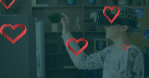 Young Woman Experiencing Virtual Reality Loaded with Heart Icons