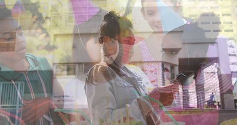Masked woman using smartphone with schoolchildren in background