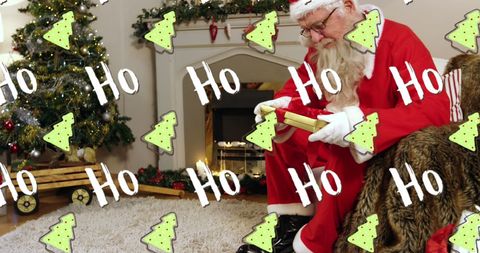 Santa Claus is depicted opening presents in a Christmas-themed living room with a decorated tree and fireplace. Text overlay of 'Ho' and Christmas tree graphics add a playful element, creating a festive holiday atmosphere. Ideal for use in Christmas event promotions, holiday greeting designs, or social media posts conveying festive cheer and traditional celebration.