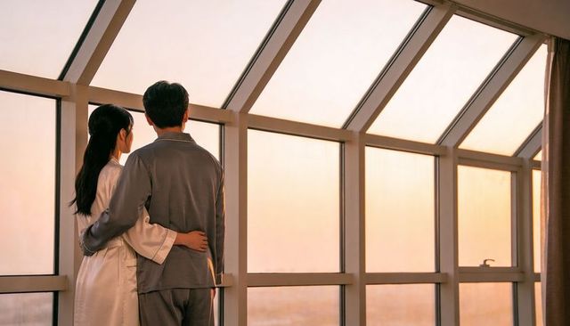 Couple embracing at sunset in loft with slanted windows, satin robe and pajamas