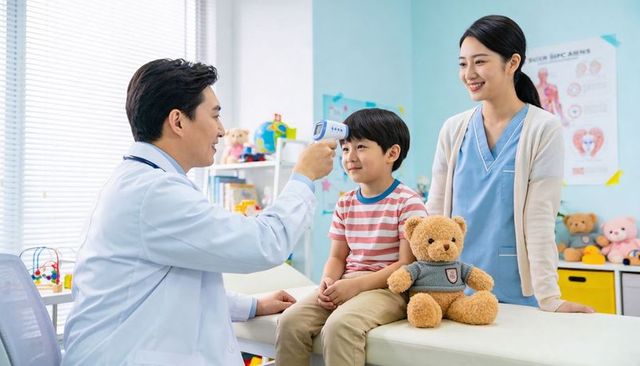 Pediatrician checking child forehead temperature with infrared thermometer in clinic