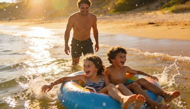 Laughing children riding colorful inflatable ring while splashing in golden sunset surf