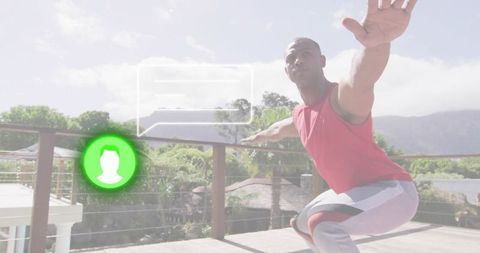 Sunlit balance training on tropical deck with ar overlay, athlete squatting for stability