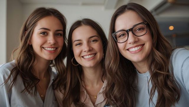 Three women smiling and posing together indoors wearing glasses and jewelry