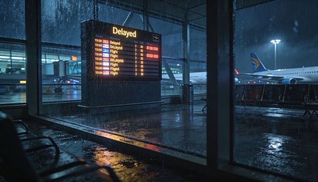 Empty rain-soaked airport gate at night with delayed departures board and reflections