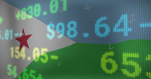 Djibouti flag waving over digital stock ticker led display representing economy