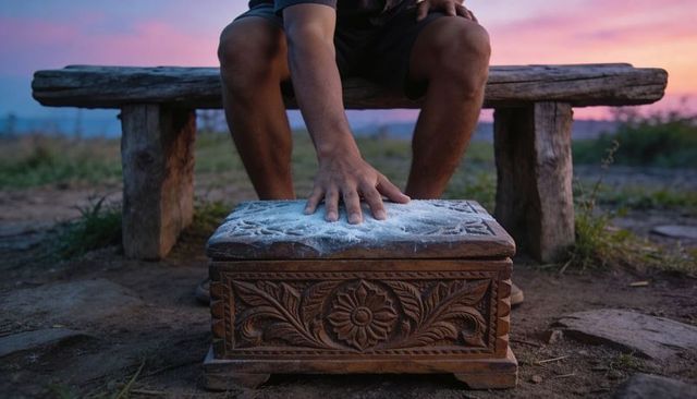 Man resting hand on carved wooden chest with white powder at sunrise on rustic bench