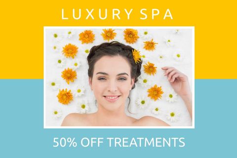 smiling woman surrounded by flowers promoting luxury spa treatments - Download Free Stock Templates Pikwizard.com