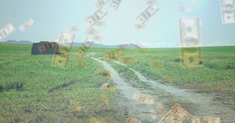 Idyllic Rural Grassland with Floating Currency Conceptualization