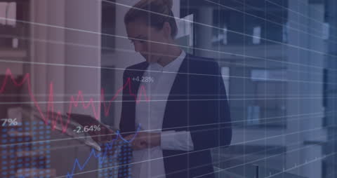 Businesswoman Using Tablet with Financial Graph Overlays