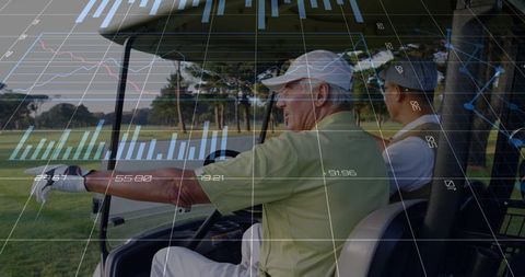 Elderly Golfers in Cart with Financial Graph Overlay