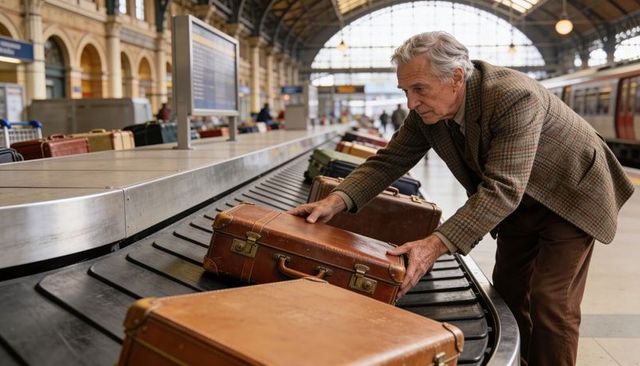 Senior traveler retrieving vintage leather suitcase on train station baggage carousel