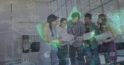 Collaboration in Modern Office with Futuristic Digital Overlay