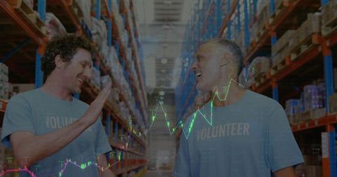 Volunteers Collaborating in Warehouse with Financial Analytics Overlay