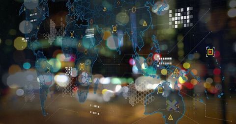Futuristic digital map overlay on blurred urban cityscape