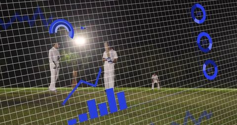 Night cricket batsman standing on pitch under floodlights with blue analytics overlay