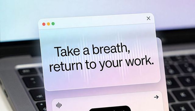 Translucent wellness modal reading 'take breath, return to your work' on laptop keyboard