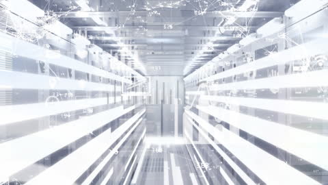 Futuristic Data Center with Digital Animation and Light Trails