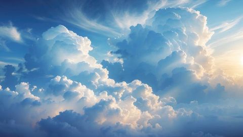 Cumulus Cloudscape at Sunrise with Golden Sunlight Glow