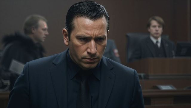 Man standing in courtroom furrowing brow lowering gaze during tense legal hearing