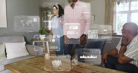 Group collaborating with augmented reality hud around coffee table for home planning