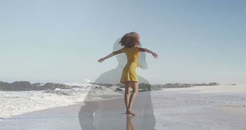 Freedom and Serenity at the Beach with Woman Stretching