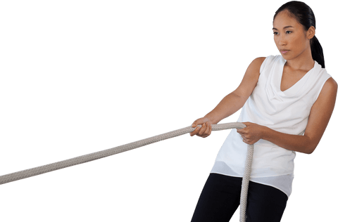 Transparent background young woman pulling rope