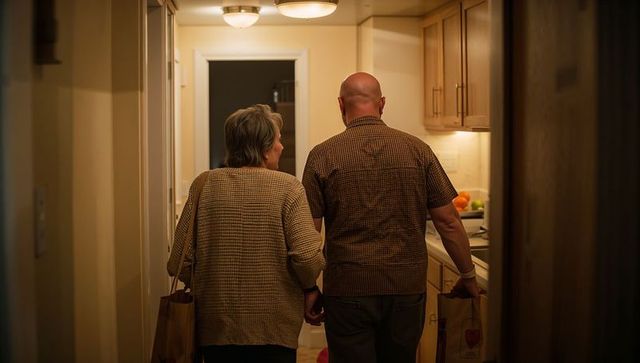Senior couple walking into cozy kitchen holding hands carrying grocery bags