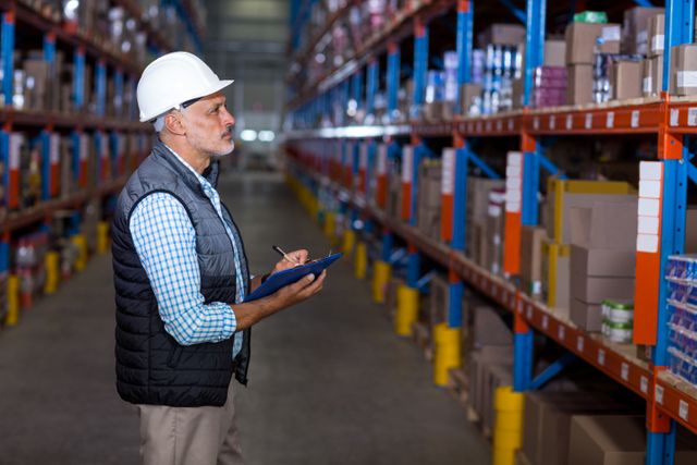 Warehouse worker checking inventory in a large storage facility. Ideal for use in articles about logistics, supply chain management, industrial operations, and warehouse organization. Useful for illustrating concepts related to inventory management, stock control, and distribution processes.