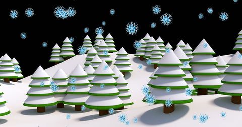 Snowflakes Falling on 3D Winter Wonderland of Pine Trees