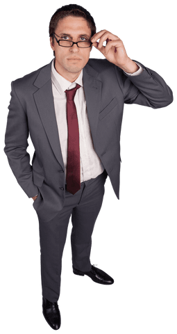 Transparent businessman adjusting glasses in gray suit