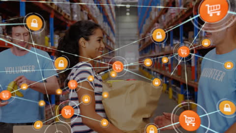 Volunteers in Warehouse Distributing Donations with Digital Network Overlay