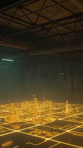 Projecting holographic city grid across warehouse floor with glowing light columns - vertical video